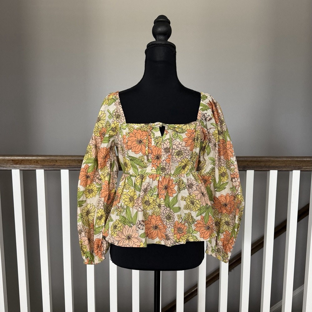 J Crew Zinnia Squareโ Neck Peplum Floral Boho Long Sleeve Top Sz 4 Cottagecore